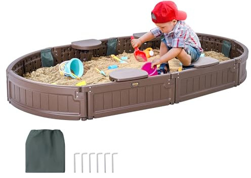 VEVOR Sabbiera con Coperchio 1830 x 1055 x 230 mm Sabbiera Ovale in HDPE con 4 Posti a Sedere ad Angolo e Rivestimento del Fondo, Sabbiera per Bambini 3-12 Anni, Cortile all'Aperto, Spiaggia, Marrone