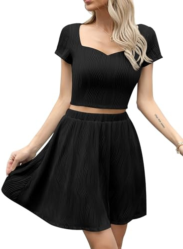 Missufe Ensemble de jupe trapèze à manches courtes pour femme - Taille haute - Tenue d'été décontractée 2 pièces, Noir , XL
