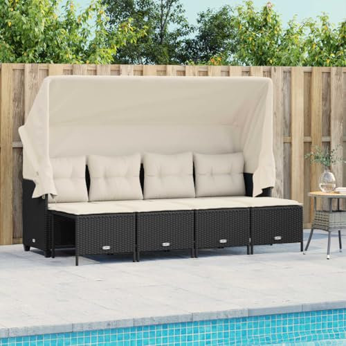Homgoday 5-TLG. Gartensofa 4-Sitzer mit Dach Gartenlounge Balkonmöbel Gartenmöbel Loungemöbel Sitzgruppe Loungesofa Sofagarnitur mit Fußhocker Schwarz Poly Rattan