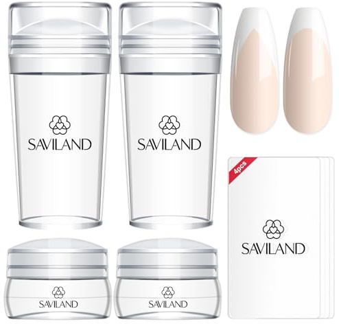 Saviland French Tip Nail Stempel & Schaber Set: 2+2PCS Langer & Kurzer Klarer Silikon Nail Stamping, Gelee Stamper Nail Art Stamp Kit mit 4PCS Kratzern Nail Stamper Kit für French Maniküre Home DIY