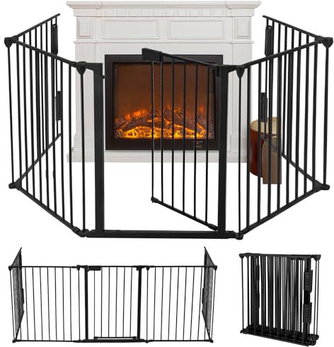 FIVMEN Kaminschutzgitter mit Tür 300 cm Metall Ofenschutzgitter Kamingitter Kinderschutz Faltbar Absperrgitter Türschutzgitter Laufstall für Kinder Haustier, inkl. 5 Elementen