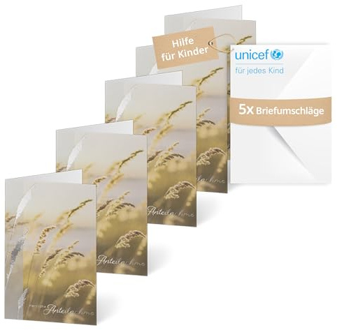 Unicef Trauerkarten-Set Gräser im Wind | 5 Klappkarten mit Umschlägen | Helfen Sie Kindern in Not: Naturfoto mit silberner Prägung, 5 Karten (12 x 17 cm), FSC-Papier – Beileidskarten