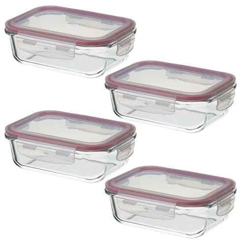 LOLAhome Set de 4 fiambreras de cristal con tapa hermética de 630 ml. Juego de 4 recipientes herméticos de vidrio de borosilicato transparente apto para microondas, horno hasta 400ºC y congelador.