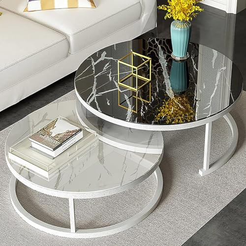 ZHENCHAO Rundes Couchtisch-2er-Set mit Tischplatte aus gehärtetem Glas und Metallrahmen für das Wohnzimmer. Moderne Satztische in Weiß in den Größen 28 und 20 Zoll.