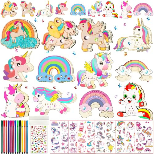 FZYESNO Einhorn Bastelset, DIY Kreativset mit 12 Modellen, 179 Einhorn Geburtstagsdeko, Holzbastelsets für Kinder, Basteln Kindergeburtstag, Holz Basteln ab 3 Jahren (B)