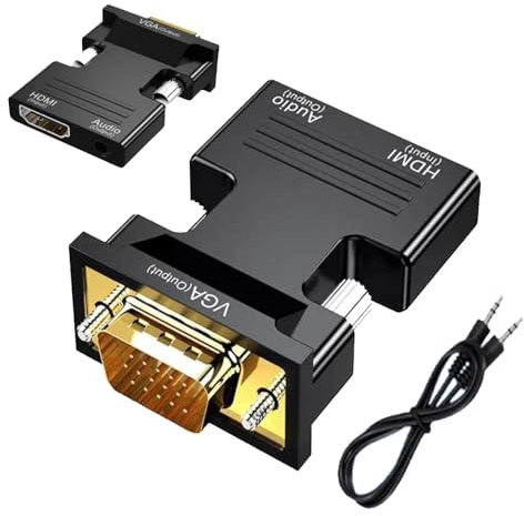HDMI to VGA adapter 1080P, 3.5mm 1080p Audio Jack Cable, Gold-Plated Hdmi male to Vga female adapter Compatible with Monitor, Laptop, Computer, Projector, DVD Player (Male VGA to HDMI Adapter)