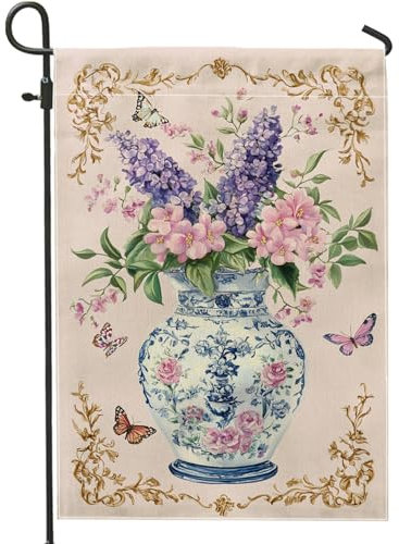 Drapeau de jardin floral de printemps et d'été, vase floral bleu avec lilas et papillons, décoration d'extérieur, drapeau de cour en tissu double face pour fête de vacances, décoration de pelouse