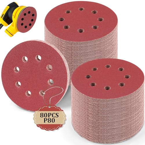Lot de 80 Disque de Ponçage, Disques Abrasifs 125mm 8 Trous Idéal pour Poncer/Polir pour Ponceuse Excentrique (Grain 80), Papier à Poncer pour Bois, Métal, Peinture, Ponceuse