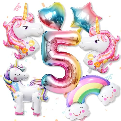 7 Stück Rosa Luftballon Einhorn Geburtstagsdeko 5 Jahre Mädchen 3D Einhorn Stehender Folienballon Kindergeburtstag Party Deko Mit Zahl 5/Regenbogen/Stern/Herz Für Einhorn Thema Festival Party | 3D Einhorn Stehender Folienballon, mit Zahl 5/Regenbogen/Stern/Herz, für Kindergeburtstag, Einhorn Thema Festival Party
