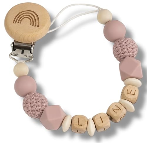 Personalisierte Schnullerkette mit Namen für Jungen & Mädchen, individuell gestaltbar, Holzbuchstaben & Silikonperlen, Babygeschenk zur Schwangerschaft und Geburt