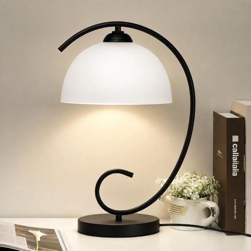 Alighting Black Table Lamp with Glass Shade | Vintage Metal Glass Bedside Lamp for Bedroom, Living Room, Nightstand, 44.5cm Tall, E27(Not Included)