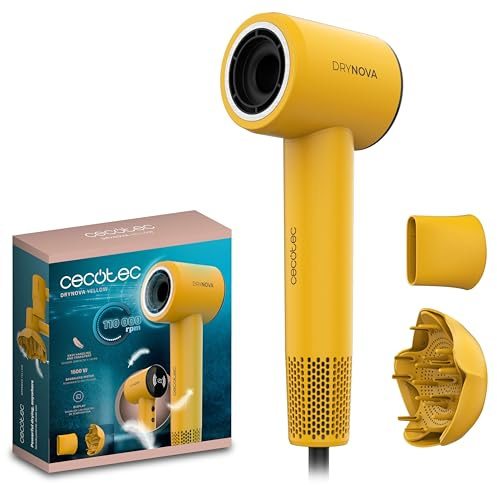 Cecotec Secador de Pelo Compacto y Ligero DryNova Yellow Sun. 1600W, 110000RPM, Motor Brushless, Difusor y Concentrador, Generador de Iones, Silencioso y Duradero, 4 Ajustes de Temperatura