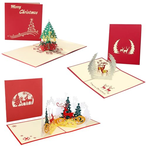 Weihnachtskarten 3D Pop Up Handgemachte Lustig Kinder Christmas Cards mit Frohe Weihnachten Weihnachtsbaum Schneemann Geschenkkarte für Familie Freunde Kollegen als Geschenk mit Umschlag 3 Stück Set