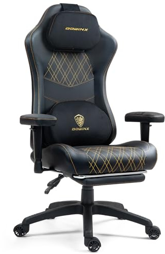 Dowinx Gaming Stuhl, ergonomischer Bürostuhl mit Massage- und Wärmefunktion, atmungsaktivem Taschenfederkissen wie im Sofa, verstellbarer PC Stuhl mit Fußstütze, Rücken- und Nackenstütze, Schwarz Gold