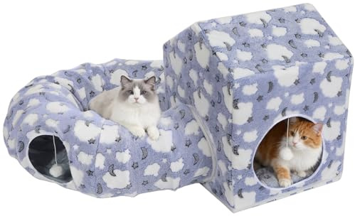 Pawaboo Katzenbett Donut Tunnel mit Katzenhaus, Hellblau | Donut-Katzentunnel mit Höhle zum Spielen, Verstecken und Ausruhen für Katzen und Kaninchen.