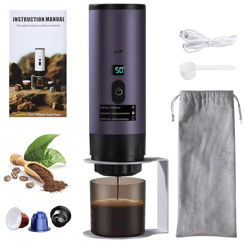 ZLLkeji Portable Coffee Maker Hands-Free Travel Coffee Makers for Camping 15 bar 3-in-1 Portable Espresso Coffee Machine Compatible with Ground Coffee, Large & Small Capsules Purple