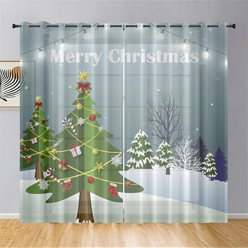 Mateju 2er Set Voile Gardinen mit Ösen, 3D Weihnachten Gardinen Wohnzimmer,Vorhang Transparent für Schlafzimmer Küchengardinen (Weihnachtsbaum,140x160cm)