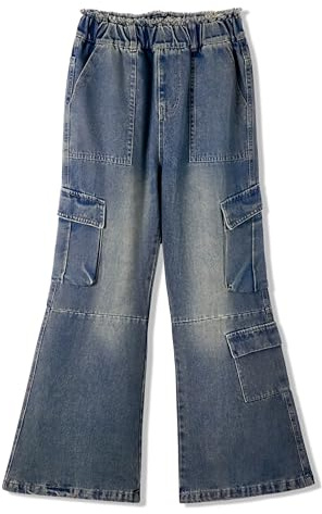 Rolanko Vaqueros Cargo para Niña, Cintura Alta Elástica Pierna Ancha Estilo Jeans Pantalones con Múltiples Bolsillos, Vintage Azul, 11-12 años, 160