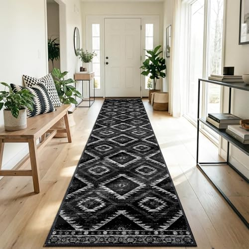 DEFYNEE Maskintvättbar vardagsrumsmatta 60 x 180 cm halkfri matta, sovrumsmatta för vardagsrum, entré, sovrum och kök, svart
