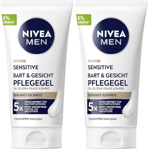 NIVEA MEN Sensitive Bart & Gesicht Pflege-Gel, schnell einziehende Bartpflege für empfindliche Männerhaut, beruhigende Gesichtspflege zur Linderung von Hautirritationen (50 ml) (Packung mit 2)