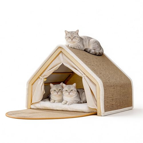 Katzenhöhle 2-in-1 mit Kratzbrett,Holz Katzenhaus mit Kissen für 2 Katzen
