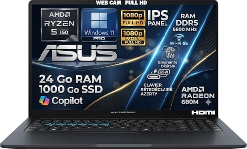 ASUS Ordinateur Portable AMD Ryzen 5 150 4.55GHz, RAM 24Go DDR5, SSD 1To, Écran 15.6 FHD IPS, WiFi 6E, Ethernet, Copilot IA, Webcam 1080p, Clavier AZERTY Rétroéclairé, Empreinte Digitale, Win11 Pro