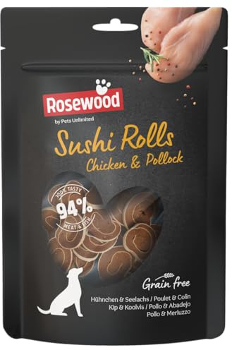 Rosewood Sushi Rolls Huhn & Seelachs – Weiche Leckerlis für Hunde mit Huhn und Seelachs, ohne Getreide, ohne künstliche Zusatzstoffe, 100 g