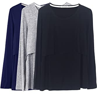 Smallshow Nursing Tops Women's Maternity Long Sleeve Breastfeeding Shirts,Black/Grey/Navy,M
