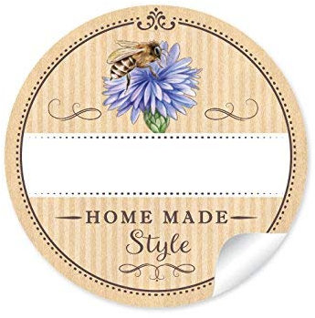48 STICKER: Home Made Style 48 Schöne Honigetiketten für die Küche in Natur mit Biene auf Kornblume: mit Freitextfeld für Honig (A4 Bogen) • Papieraufkleber im Format 4 cm, rund, matt) für Imker