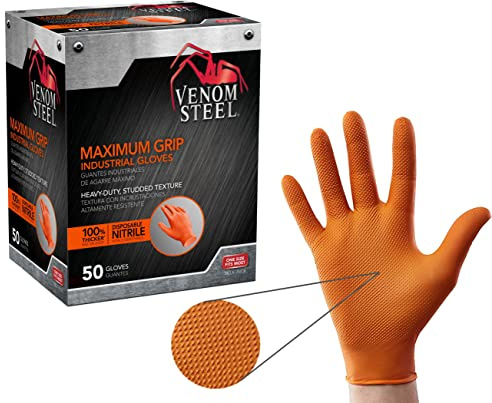Venom Steel Orange Nitrile Gloves, 8 mil Thick, Large, 100 Count, Maximum Grip Textured Disposable Gloves, Puncture and Rip Resistant, Hi-Visibility Orange, One Size Fits Most