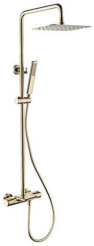 Shower Faucet System Mixer Set, Brushed Gold Bathroom Shower System with 10 Rainfall Shower Head Thermostatic Bathtub Shower Mixer Rain Shower Head Square Hand Shower and Hose Kit,B