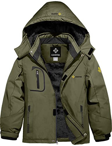 GEMYSE Jungen Skijacke Wasserdichte Winddichte Winterjacke Warm Gefütterte Kinder Schneejacke mit Kapuze für Outdoor(Armeegrün,152-158)