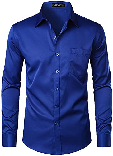 PARKLEES Men's Urban Stylish Casual Business Slim Fit Long Sleeve Button Up Dress Shirt with Pocket Royal Blue L