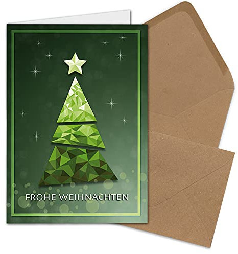 150x Weihnachtskarten-Set DIN A6 mit grünem Weihnachtsbaum in Glasmosaik-Optik - Faltkarten mit Umschlägen DIN C6 in Kraftpapier Sandbraun mit Nassklebung - Weihnachtsgrüße für Firmen und Privat