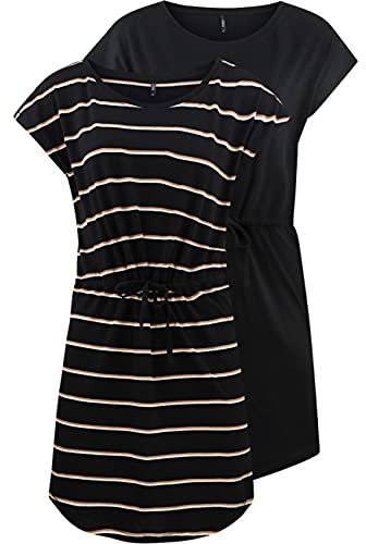 ONLY Damen Sommer Mini Kleid onlMAY S/S Dress 2er Pack Grösse XS S M L XL XXL Gestreift Schwarz 100% Baumwolle, Größe:XL, Farbe:Black Double Camel