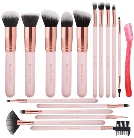 Real Perfection Makeup Brush Set 16 Pcs with 1 Eyebrow Razor Premium Synthetic Foundation Powder Concealers Eyeshadow Blush Makeup Brushes Make up Brushes Kit (Pink)