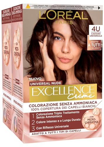 2 x L'Oréal Paris Excellence Creme Universal Nude Permanent, Dunkelbraun 4U, dreifach Behandlung – 2 Farben