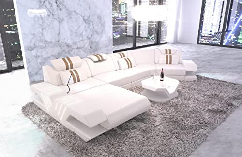 Sofa Dreams Couch Wohnlandschaft Venedig C Form Ledersofa - mit LED & USB, verstellbare Kopfstützen, Recamiere (Ottomane Links, Weiß-Sandbeige)