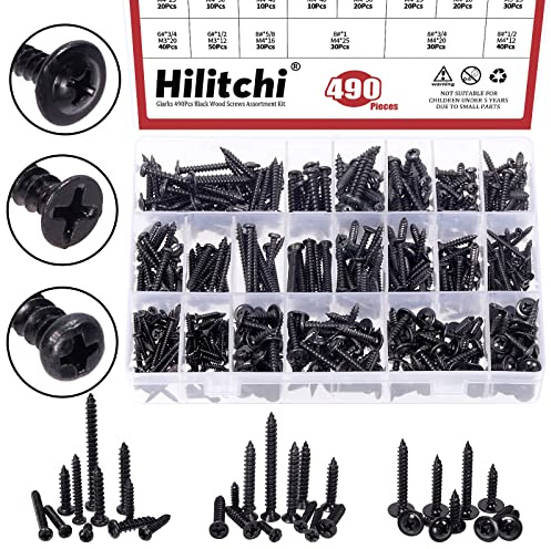 Hilitchi 490PCS 21 Sizes Carbon Steel Black Wood Screws Assortment Kit, #6#8#10 Flat/Truss/Wafer Head Phillips Wood Screws, Countersunk Self-Tapping Screws