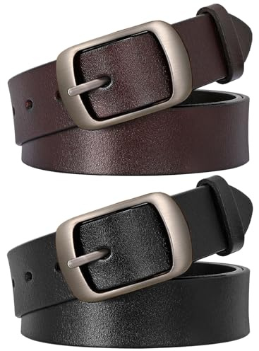 SUOSDEY 2 Pack Womens Genuine Leather Belts, Waist Belt with Pin Buckle for Jeans Pants,black and coffee,width 1.3'',Medium: fits waist from 31''-37''