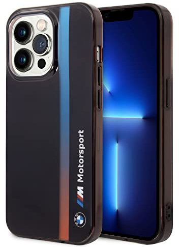 CG MOBILE BMW telefonfodral för iPhone 14 Pro i svart IML-remsa som bleknar i trifärg, reptålig PC/TPU, bekvämt och hållbart hårt fodral med tillgängliga portar, stötdämpning och signaturlogotyp