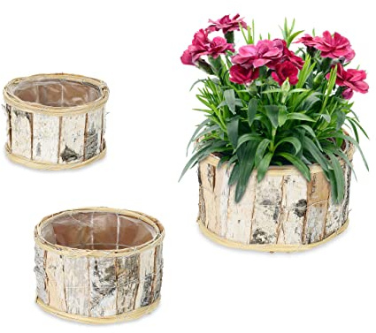 Relaxdays Macetas, Set 3, Diseño Redondo, Abedul, Cestas con Forro, Cestas Plantas Interior y Exterior, Blanco/Natural