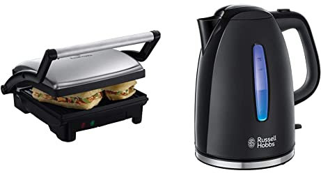 Russell Hobbs Kontaktgrill [3-in-1: Tischgrill - geöffnete Grillplatten | Panini & Sandwich Maker & Wasserkocher [1,7l, 2400W,blaue LED-Beleuchtung] Textures + Teekocher 22591-70