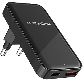 35W Caricatore USB C, Elexlinco 2 Porte Caricatore USB C da Muro, 35W GaN PD Power Delivery & 18W Quick Charge 3.0, Compatibile con iPhone15/14/13, Galaxy S23/S22, Smartwatch, iPad, Pixel, ecc(Nero)