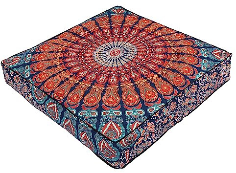35 Mandala Large Floor Pillow Cover Meditation Cushion Seating Throw Hippie Square Colourful Decorative Bohemian Accent Boho Chic dog bed Indian Pouf Ottoman COVER ONLY (Peacock Multicolour)