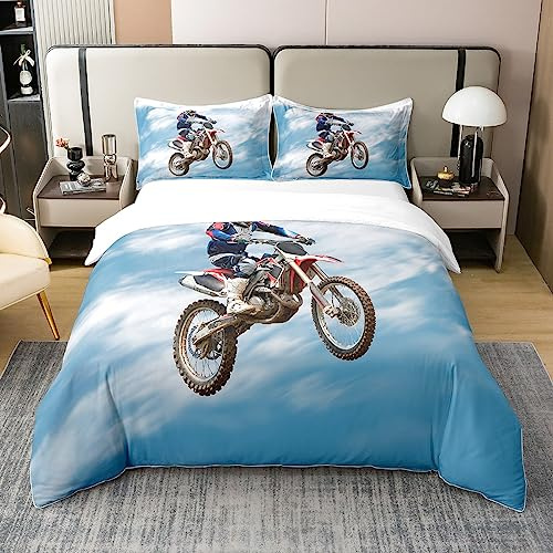 Homewish Funda de edredón 100% algodón para motocross, funda de edredón para motociclista, juego de ropa de cama para sala de estar, dormitorio, decoración, color azul