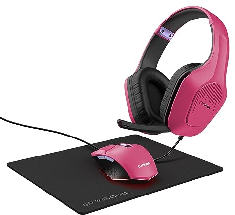 Trust Gaming GXT 790P Tridox Gaming PC Set - Leichtes Headset mit 50-mm-Treiber und 3,5-mm Klinke, Programmierbare USB Maus 200-6400 DPI, Mauspad, Gamer Setup für Computer/Laptop - Rosa