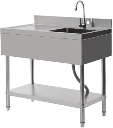Lavabo mobile in acciaio inox, lavello esterno in acciaio inox, con 1 lavandino (a destra), lavandino portatile e commerciale con rubinetto