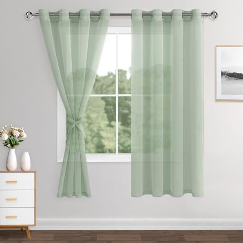 XWZO Bean Green Sheer Curtains Semi Transparent Eyelet Top Linen Look Voile Panels/Drapes/Treatment for Bedroom Living Room,W55*L69，Set of 2