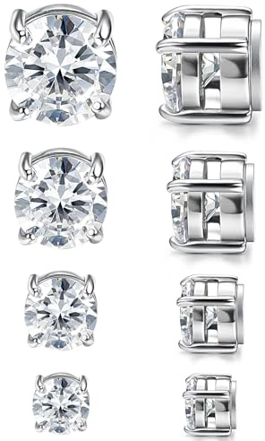 JewelryWe Magnet Ohrringe Non-Piercing Ohrstecker: 4 Paar Herren Damen Edelstahl Runde Zirkonia Magnetische Ohrstecker Magnetohrringe Fake Plug Tunnel Ohrclips Clip on Ohrringe Ohne Ohrloch 5-8mm